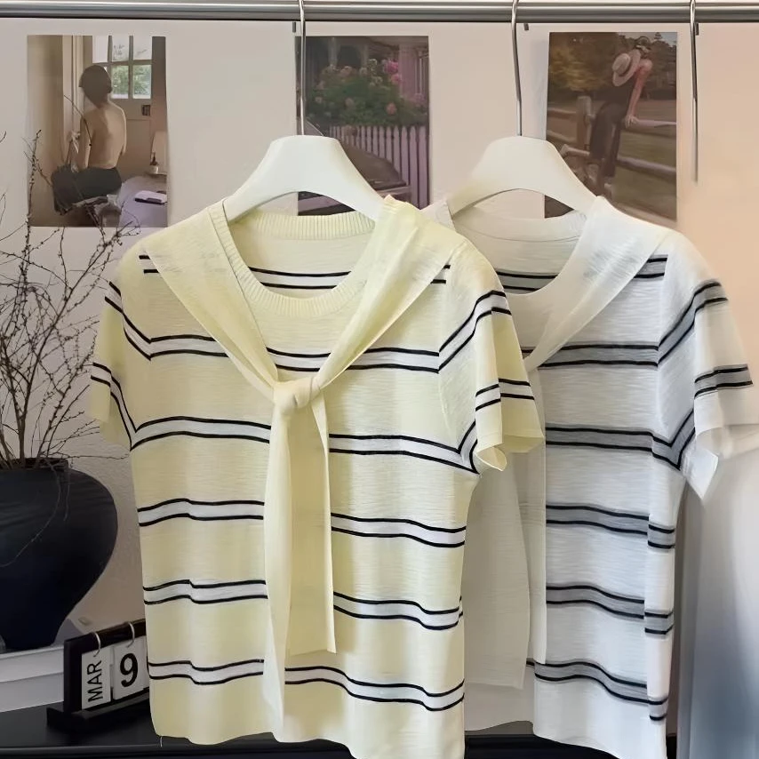 夏季设计感条纹圆领短袖冰丝针织上衣女士拼接披肩通勤显瘦5100