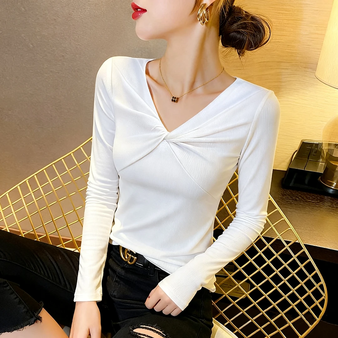 v领长袖打底衫女装2025新款秋冬设计感修身正肩纯欲气质上衣显瘦