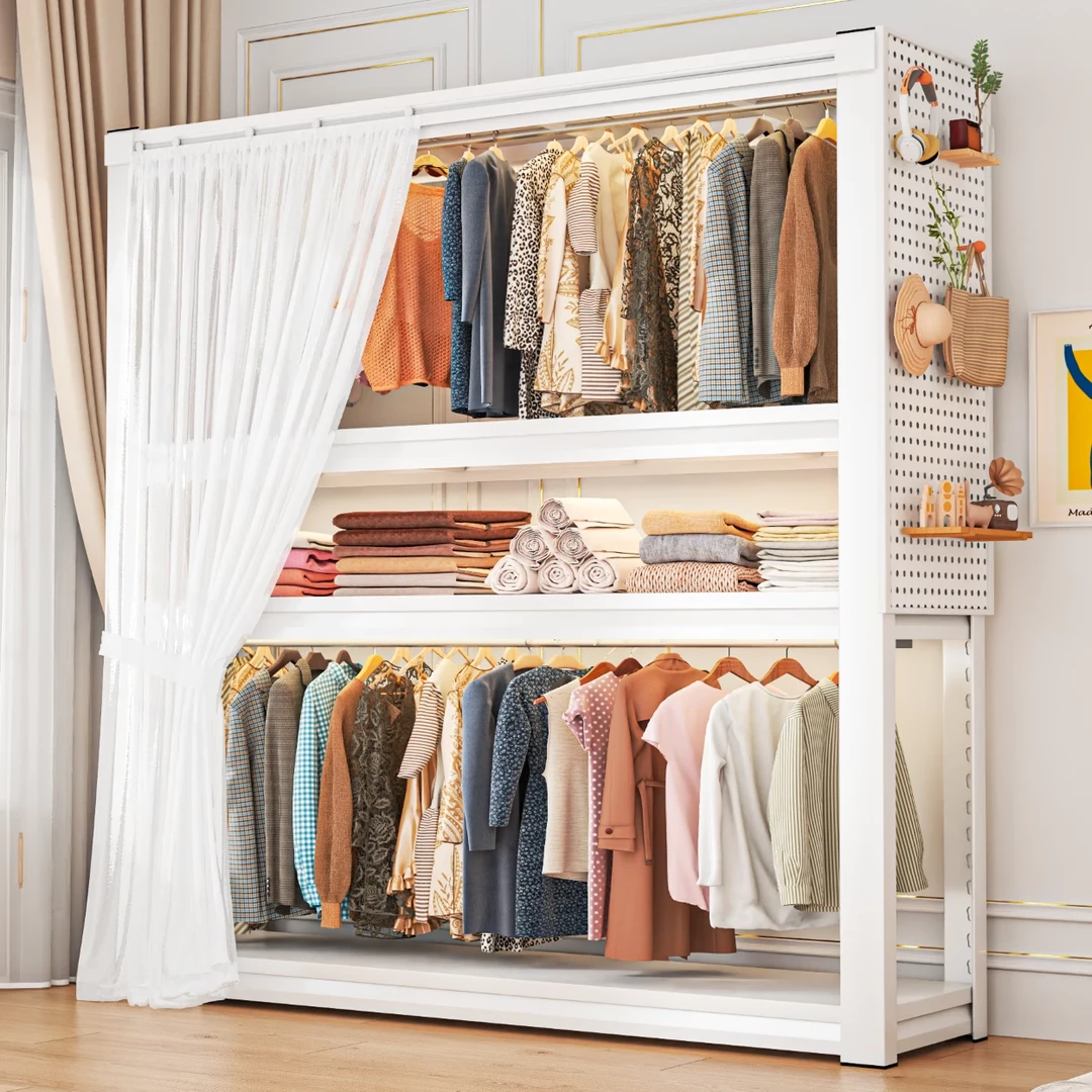 家用货架衣柜简易儿童衣帽架双层落地开放式挂衣架组装角钢置物架