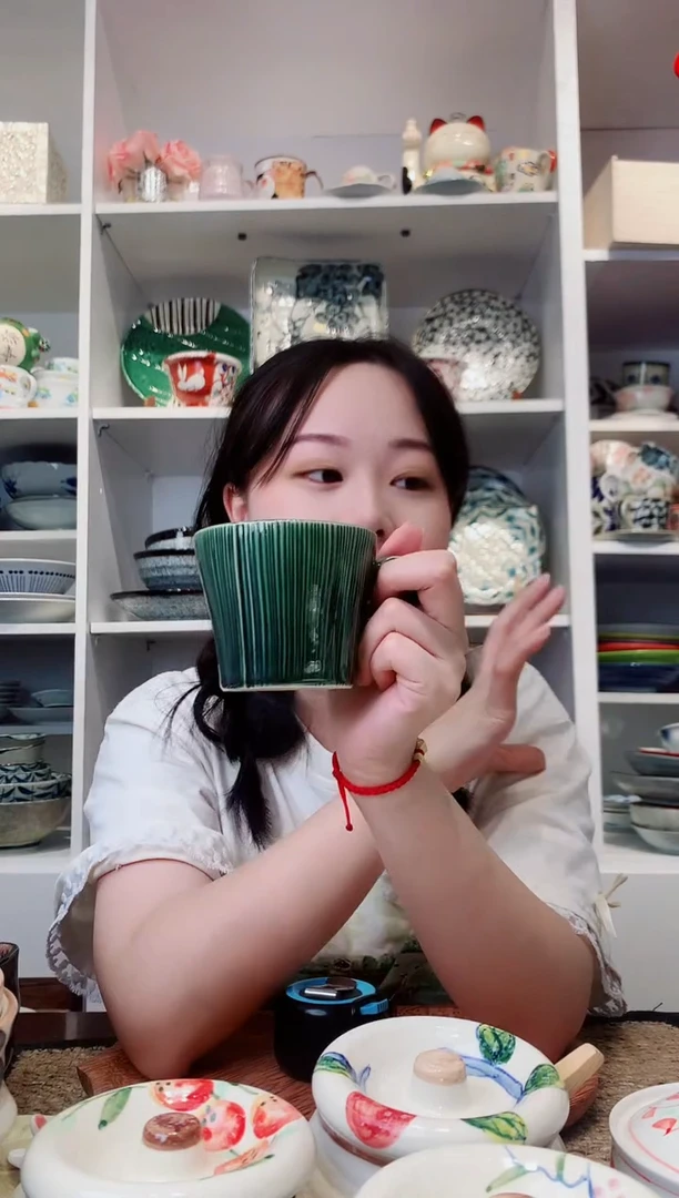 陶瓷【孤品】织布绿釉咖啡杯