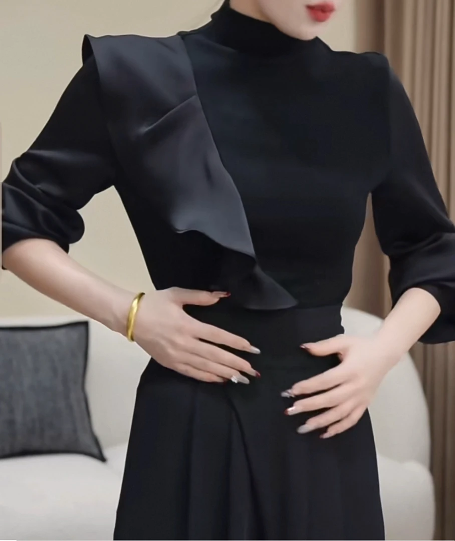 【秀场之光】2025春季新款半高领长袖T恤女时尚修身显瘦上衣9867