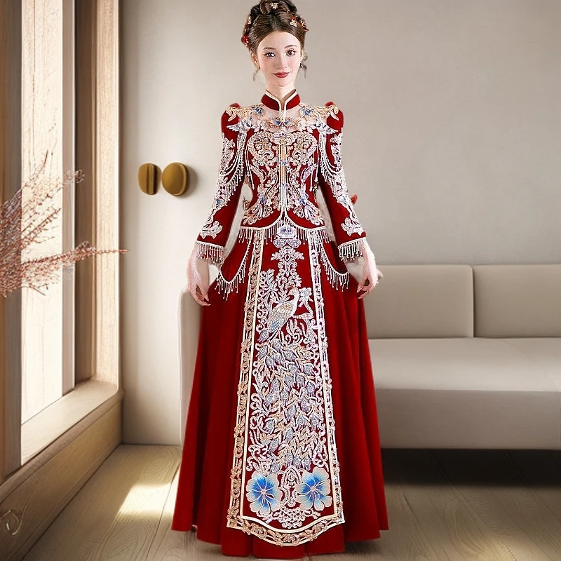 夏季秀禾服凤冠霞帔新款新娘结婚婚纱中式礼服秀禾婚服显瘦镂空