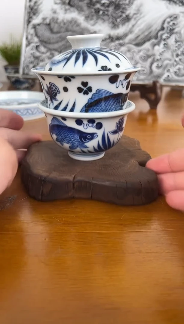 逍**人照夜白青花鱼藻元宝套组