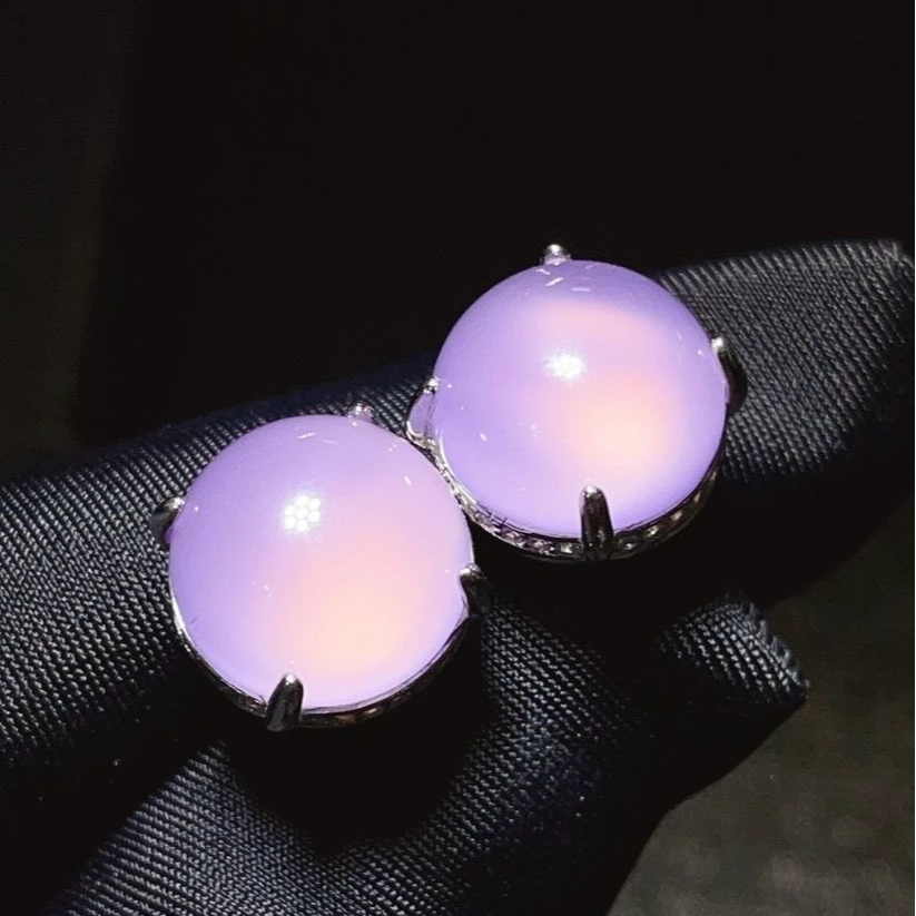 小众轻奢高级感真玉石紫色大蛋面玉耳钉卡10mm粉紫色玉髓玛瑙耳饰