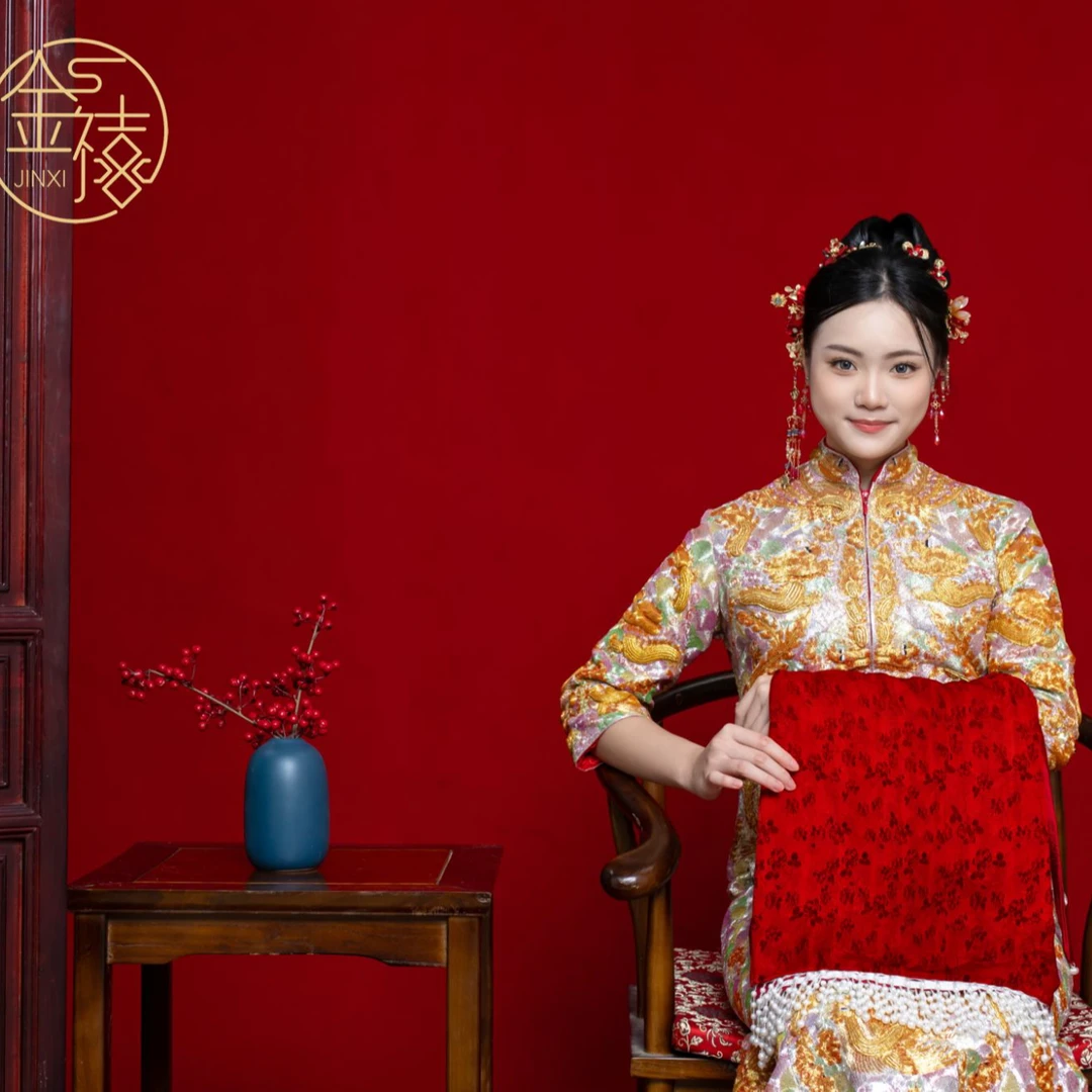 金禧绣玫红杜鹃中式婚嫁服饰龙凤褂搭手褂复古新娘大气