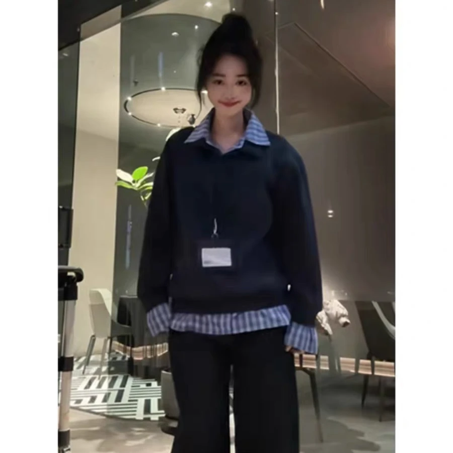 假两件格纹设计感拼接长袖T恤套头卫衣女春秋季百搭宽松翻领上衣