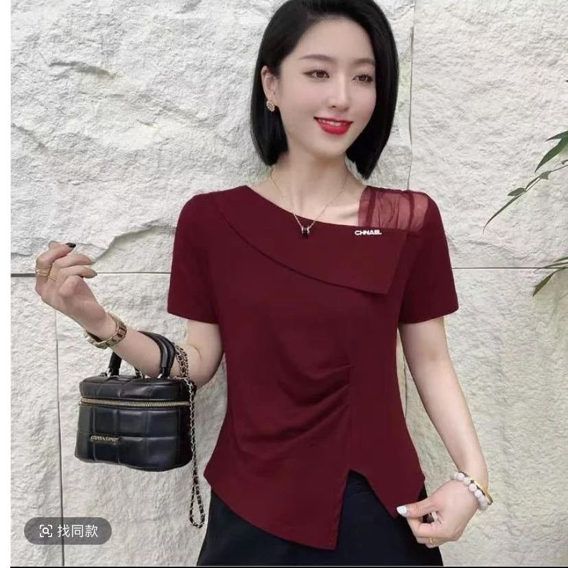 褶皱抽褶显瘦撞色短袖T恤夏季新款百搭v领小众开叉收腰小衫大码