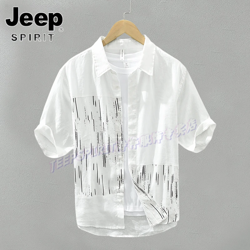 Jeep吉普日系潮流条纹印花短袖夏季拼接亚麻衬衫宽松透气薄款上衣