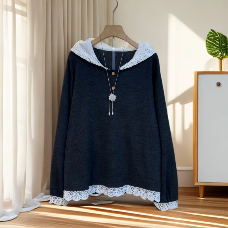 大码女装秋季新款时尚连帽卫衣女韩版洋气蕾丝拼接设计感长袖上衣