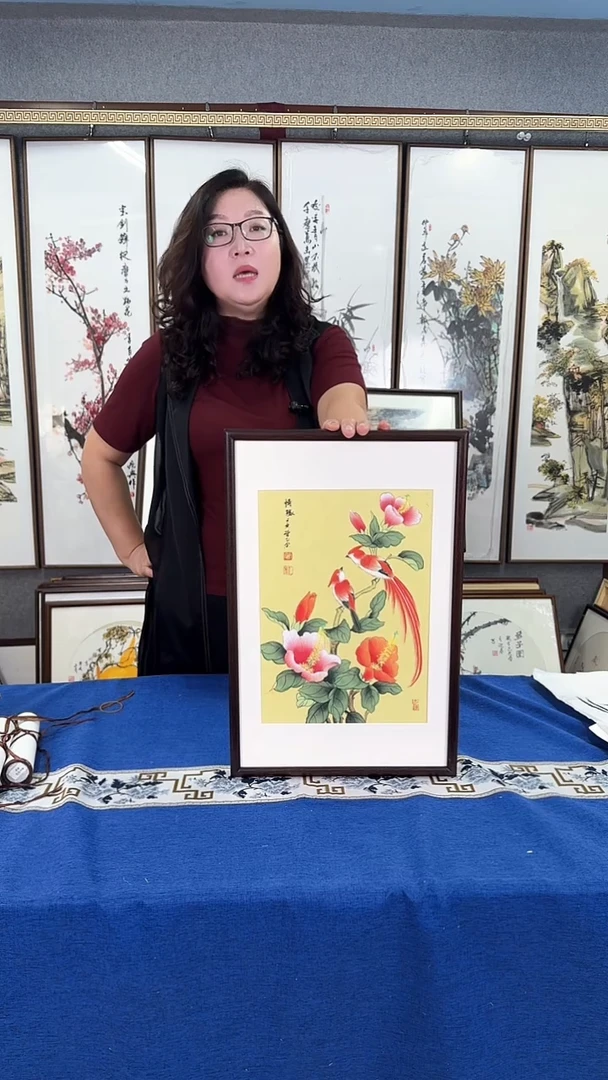 国画富贵双寿图 实木画框35*53