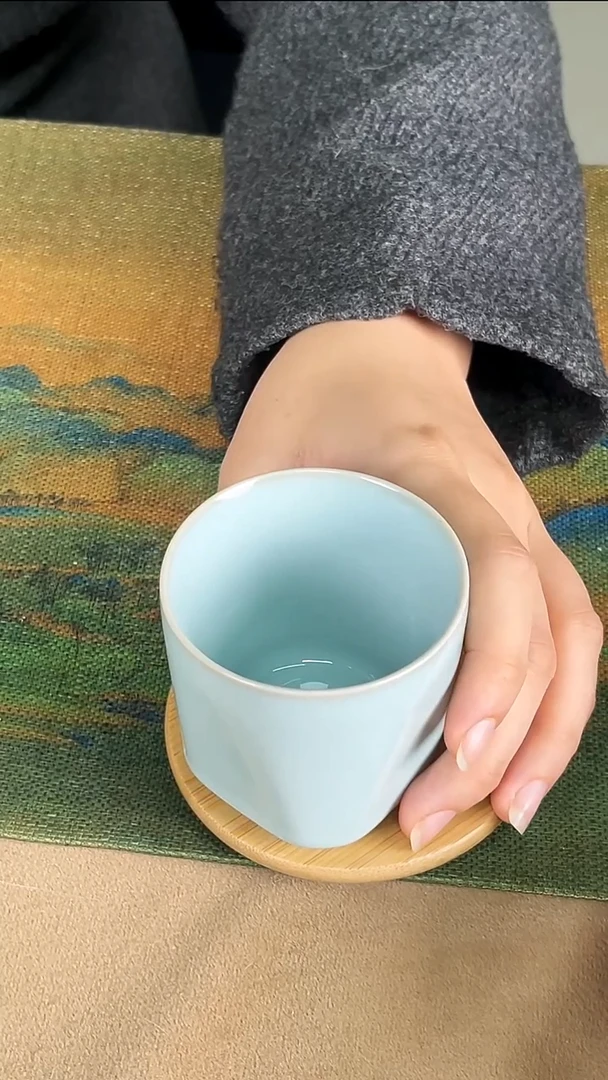 杯子瓷韩红 天青釉 方圆杯