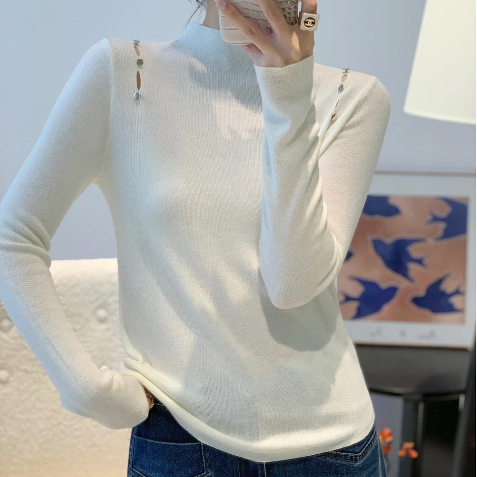 【卡蔻】1815设计感漏肩打底毛衫（衣长58）