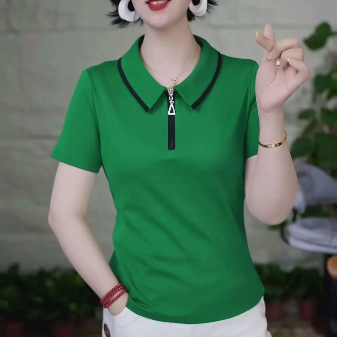 夏季新款时尚洋气短袖上衣显瘦减龄百搭休闲妈妈装翻领拉链T恤女