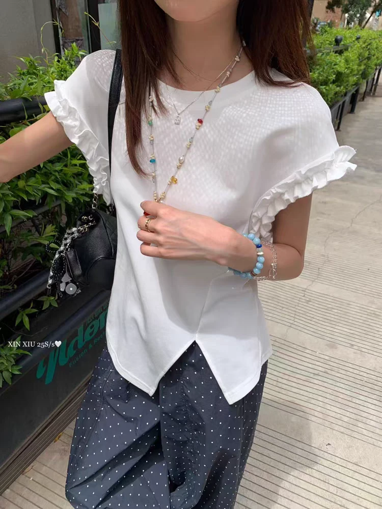 雅琪雨韩系木耳边圆领短袖T恤女2025夏季新款露腰系带显瘦上衣