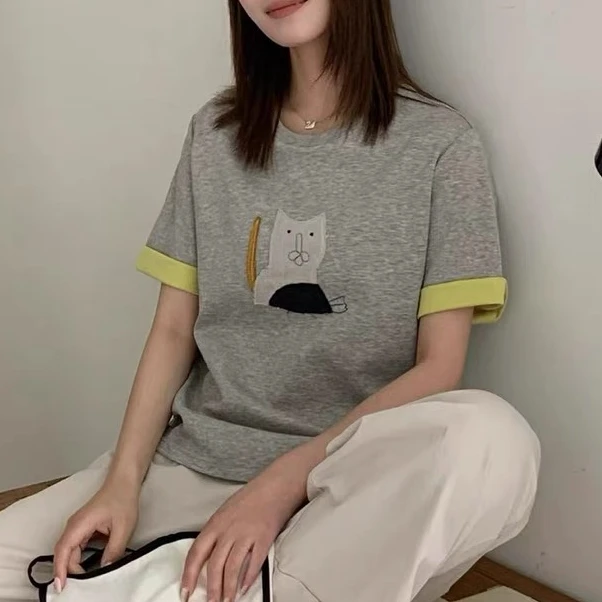 035#短袖T恤女2025春新款欧货卡通猫咪贴布百搭显瘦网红短款上衣