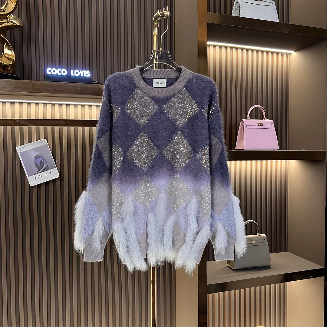 【有才专属】2024冬季新款网红针织时尚百搭宽松圆领渐变菱格毛衣