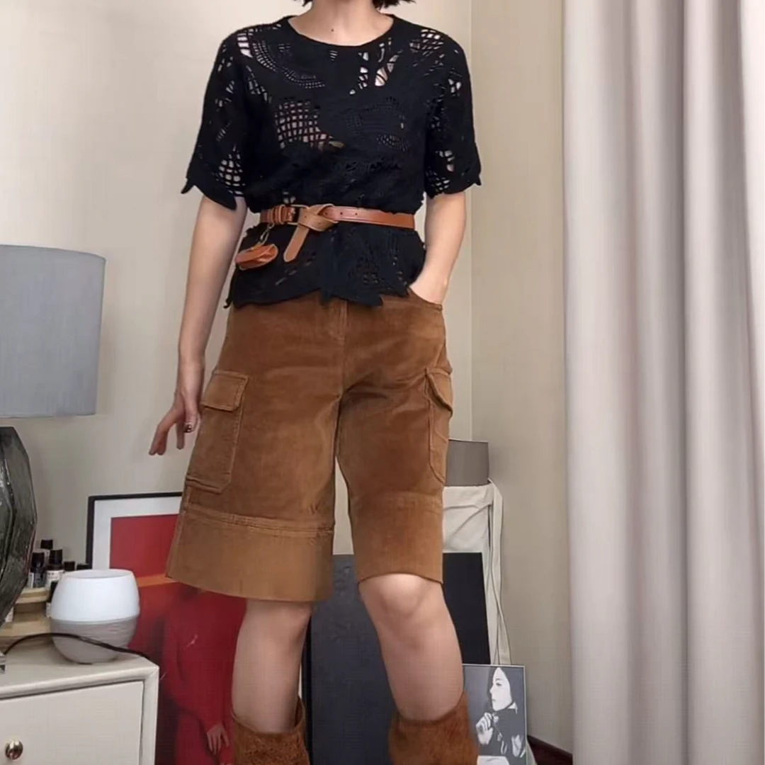 【古琦推荐】2025早秋新款大口袋五分灯芯绒靴裤A字短裤女裤5007