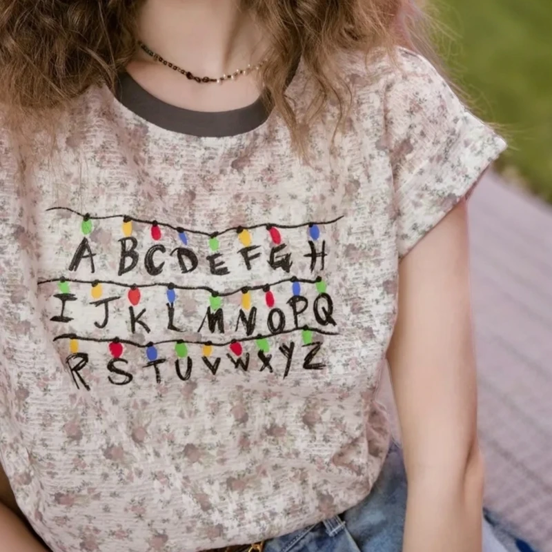 【厂家福利】夏季新款撞色领碎花短袖百搭时尚小清新短袖印花T恤396