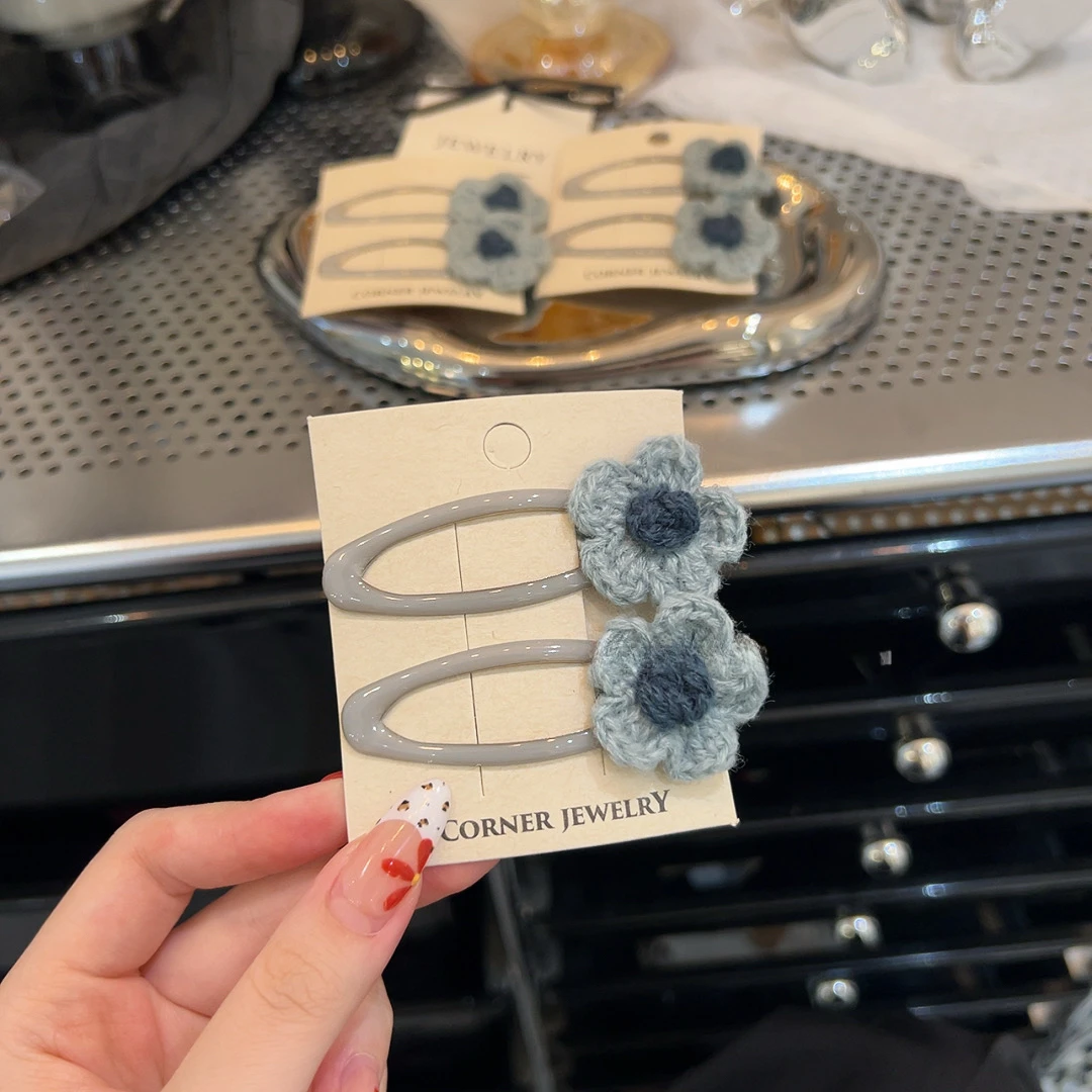 东大门早秋毛线花朵镂空发夹掰掰夹韩系高级感蓝色小花刘海侧边夹