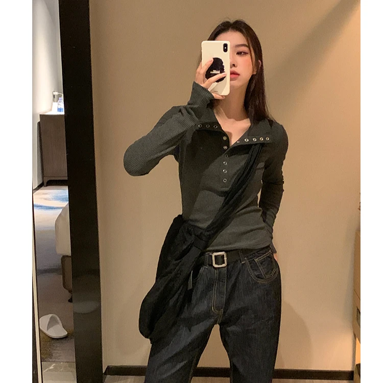 新款长袖上衣修身翻领内搭外穿2025春秋季竖坑纹轻熟针织打底衫女