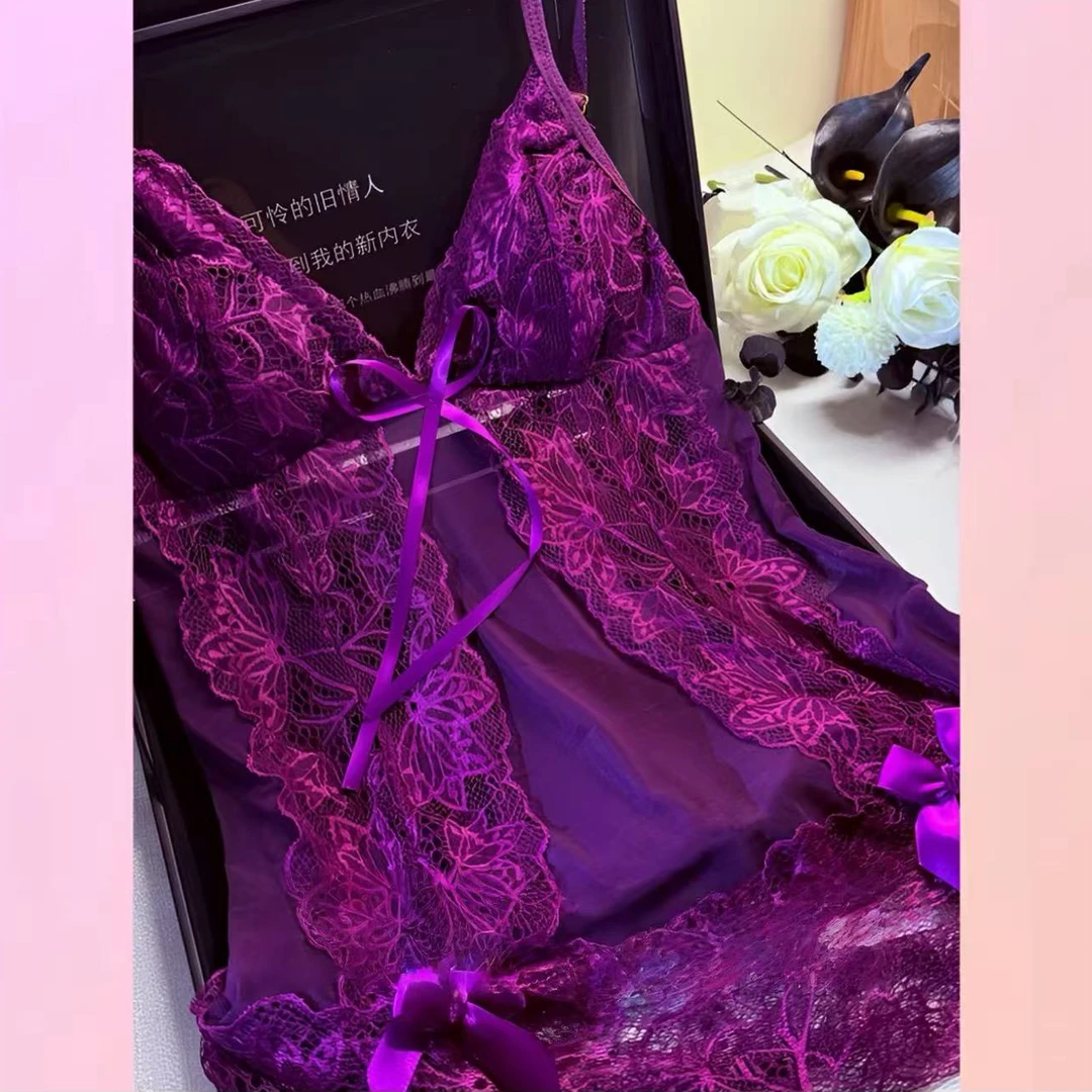 【MIEMIE熹熹】怦然心动！吊带蝴蝶结绑带镂空睡衣薄透时尚紫色