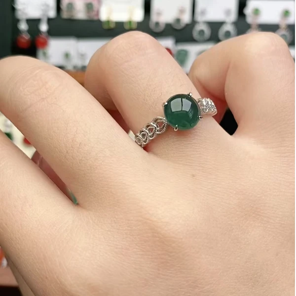 鑫辰珠宝天然A货翡翠银镶嵌设计款开口女戒指时尚百搭