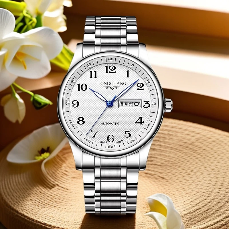 LONGCHANG正品实心钢带白面男士手表双日历防水时尚百搭潮流腕表