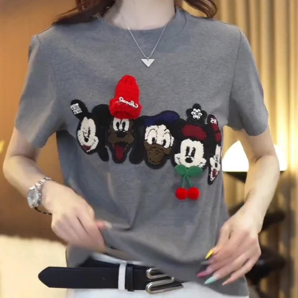 戴帽米奇卡通印花T恤女2025新款夏季流行款圆领短袖潮流休闲上衣