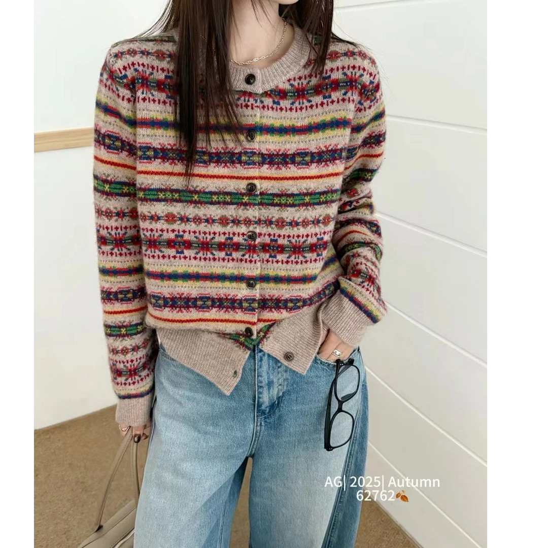 【费尔岛】肉桂粉女单排扣北欧风打底毛衣针织衫开衫显瘦外套