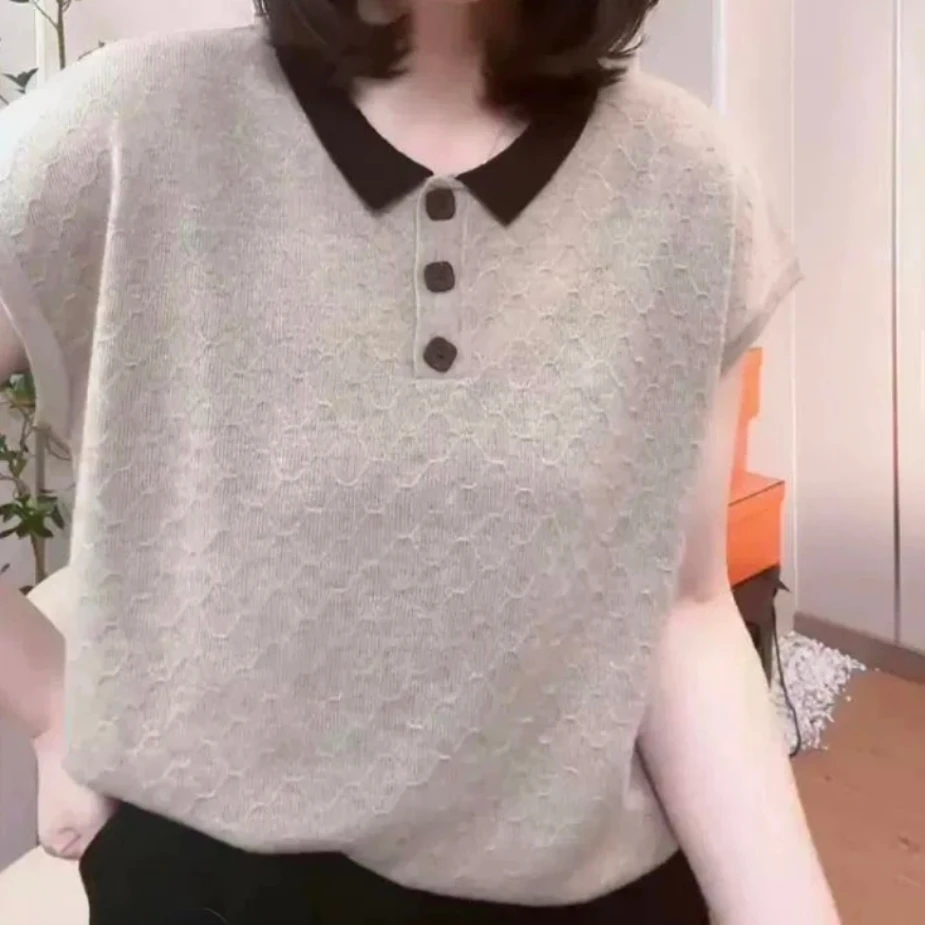 041-【时尚POLO领设计】夏季减龄百搭短袖女装设计感拼色常规款