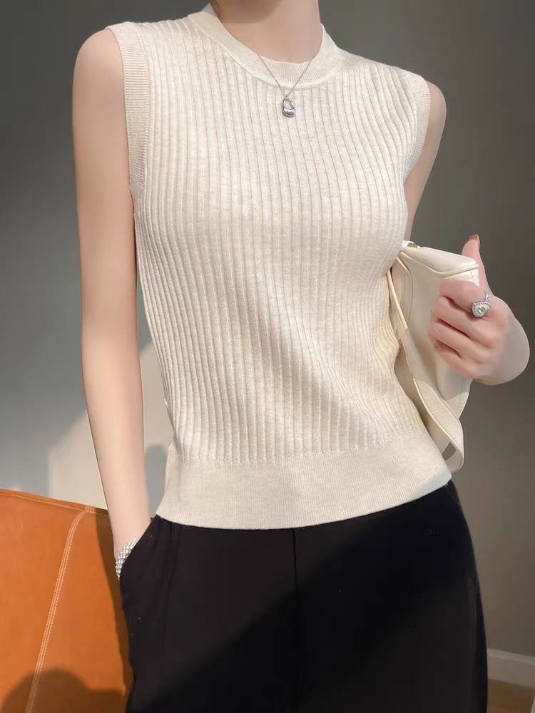 精纺羊毛圆领修身坑条无袖背心薄款针织衫女士