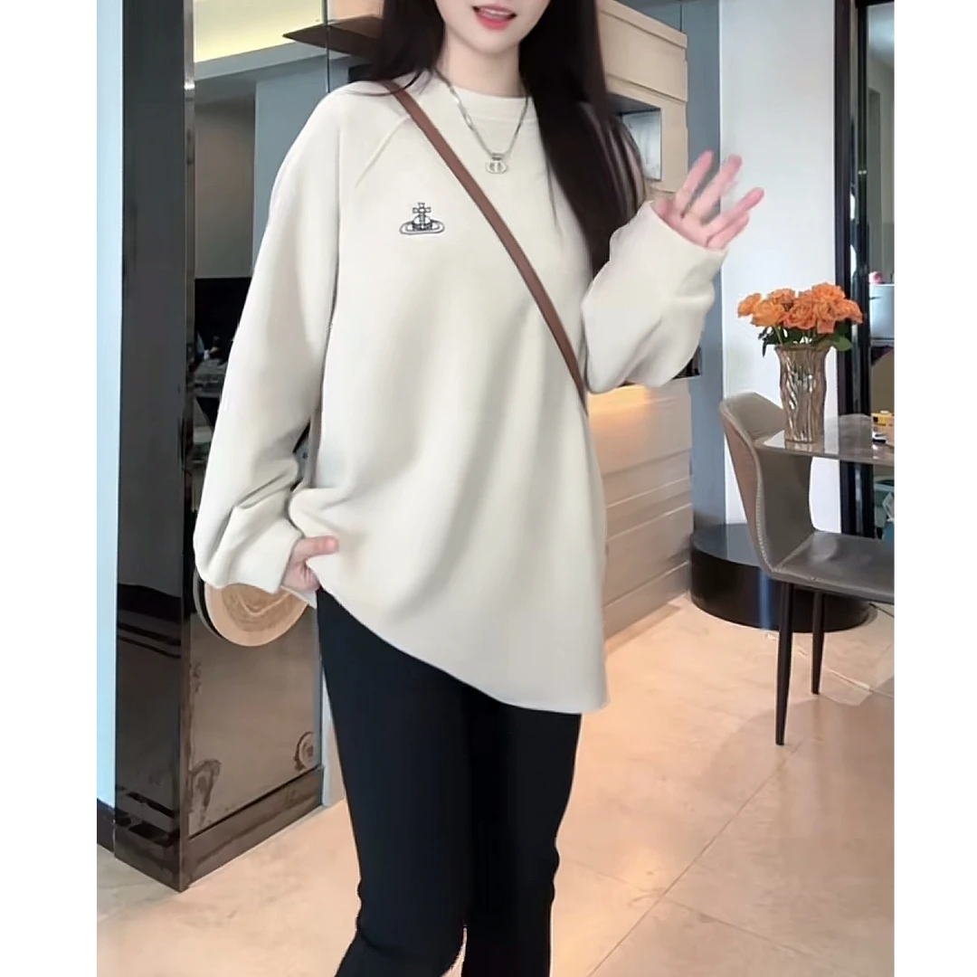星球立体刺绣双面加绒加厚澳粒绒保暖卫衣冬风长袖女时尚百搭圆领