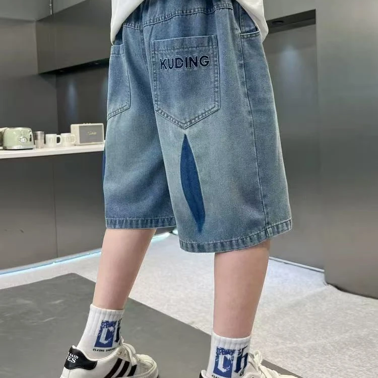 现货男童牛仔五分裤夏季中大童少年酷感字母潮流短裤00169