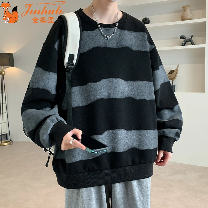 金狐狸秋冬加绒款美式撞色条纹卫衣男女同款潮牌宽松圆领套头上衣