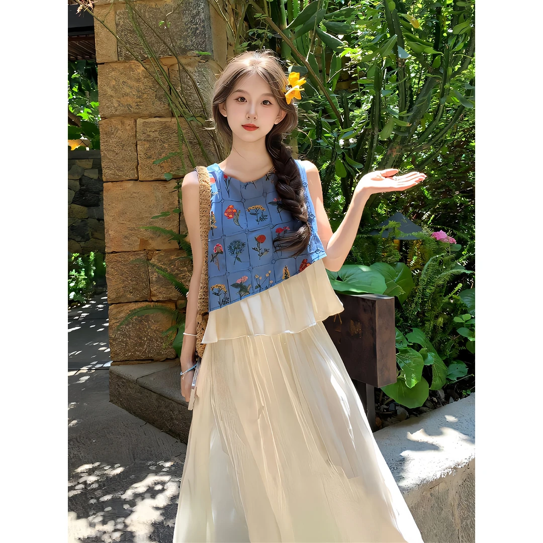 小香学院风蓝色背心连衣裙子女2025新款小个子穿搭一整套两件套装