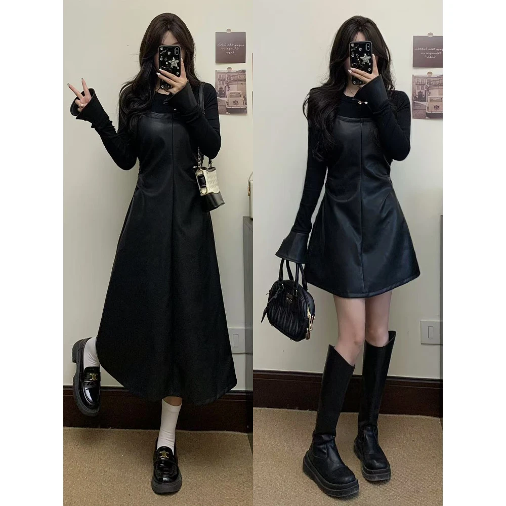 2025早秋大码女装胖mm新款假两件收腰气质拼皮显瘦连衣裙