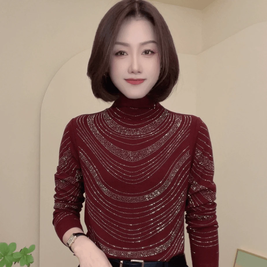 秋冬新款烫钻显瘦洋气时尚百搭长袖半高领女士上衣简约修身小衫