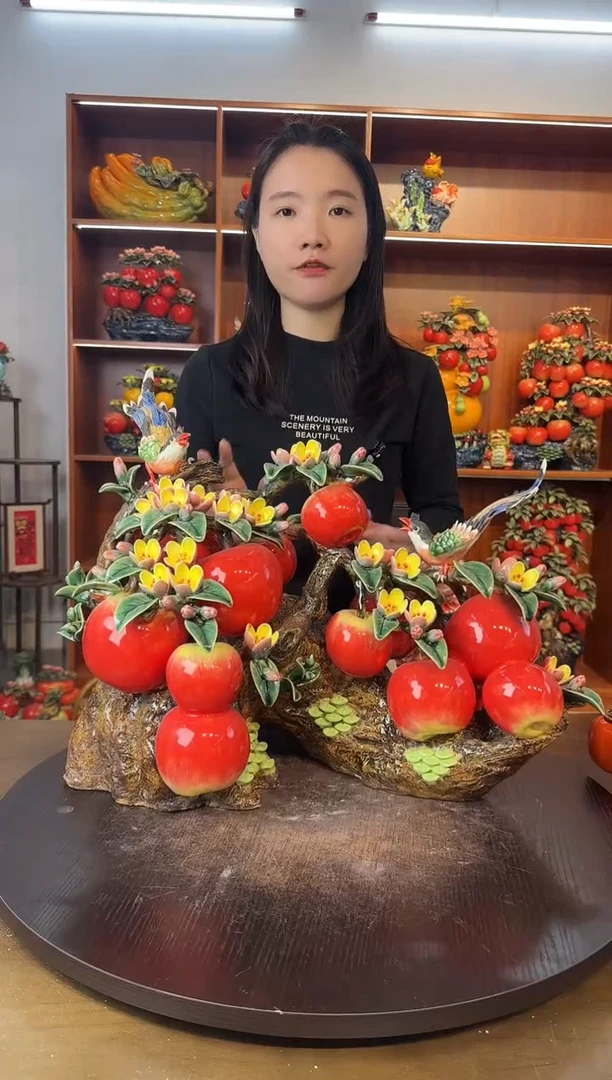 陶瓷喜鹊苹果摆件