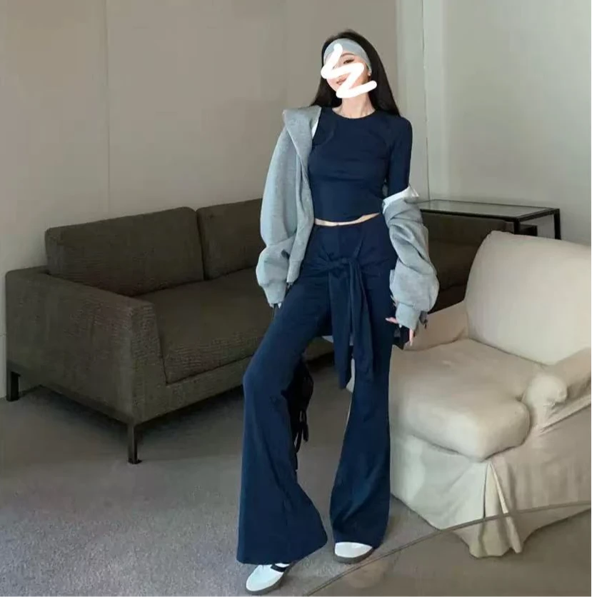 复古气质辣妹修身显瘦设计感上衣套装女韩系假两件绑带裤子两件套