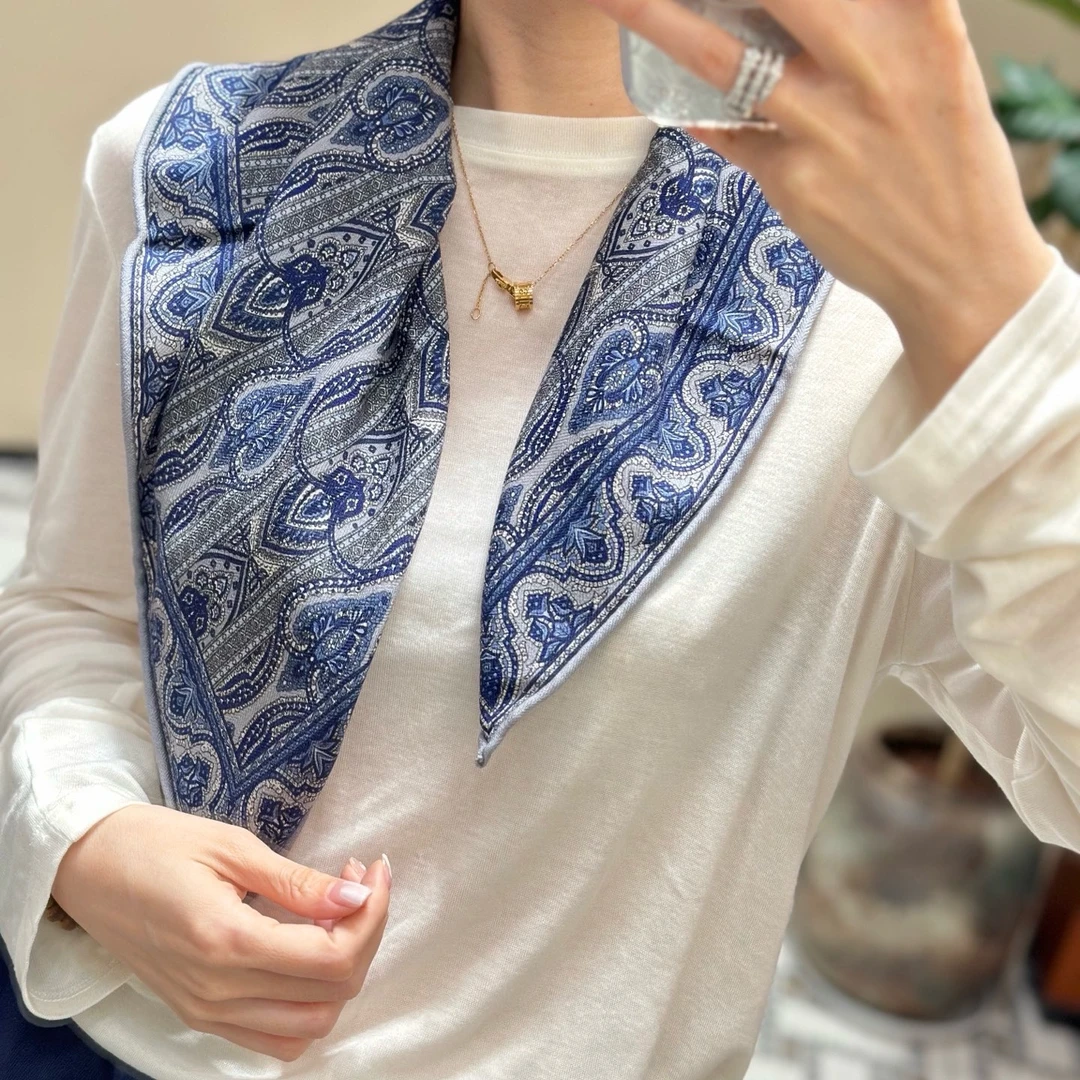 【气质蓝色腰果】女桑蚕丝绵羊毛63围巾CM双面百搭小披肩丝巾