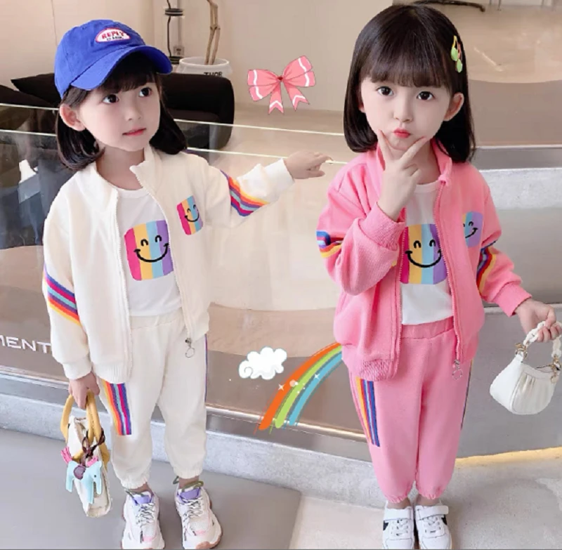 女童2025年新款春款三件套休闲阳光宝宝彩虹织带运动套H-N-H1029