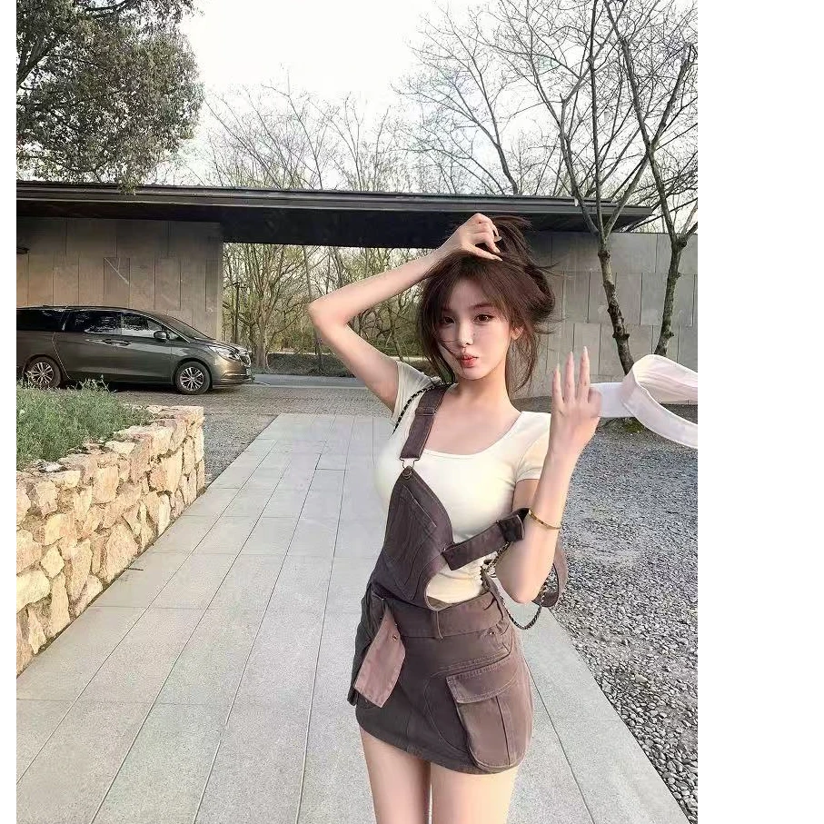 法式气质修身性感上衣女搭配立体口袋复古水洗牛仔背带裙包臀短裙