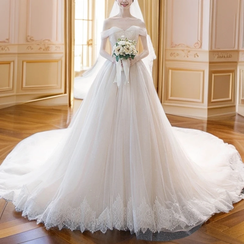 法式一字肩轻主婚纱2023新款气质新娘简约小个子拖尾宫廷公主风夏