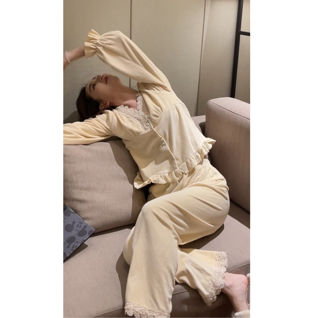 秋冬季海岛绒蕾丝V领花边家居套装