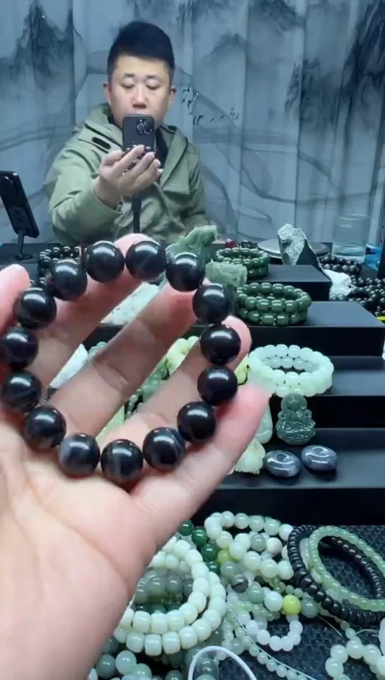 未镶嵌手串和田玉聚墨青花卡14纯天然拍一发一