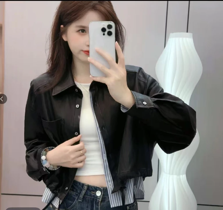 7609早秋新款假两件抽绳皮衣女装