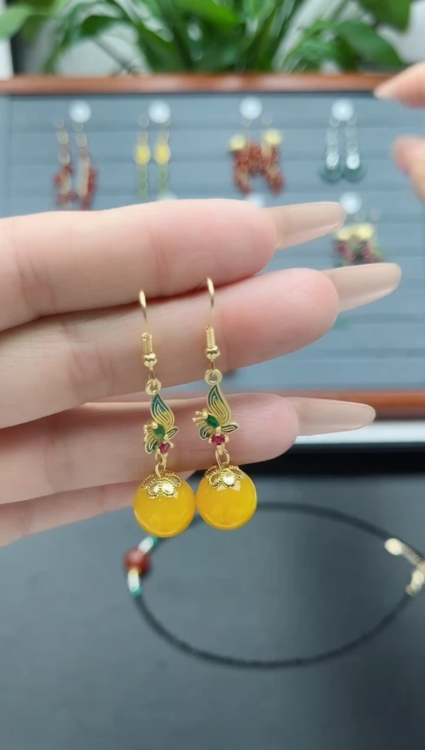 【闪购商品】玛瑙/玉髓耳饰银S925镀金镶嵌10黄玛瑙