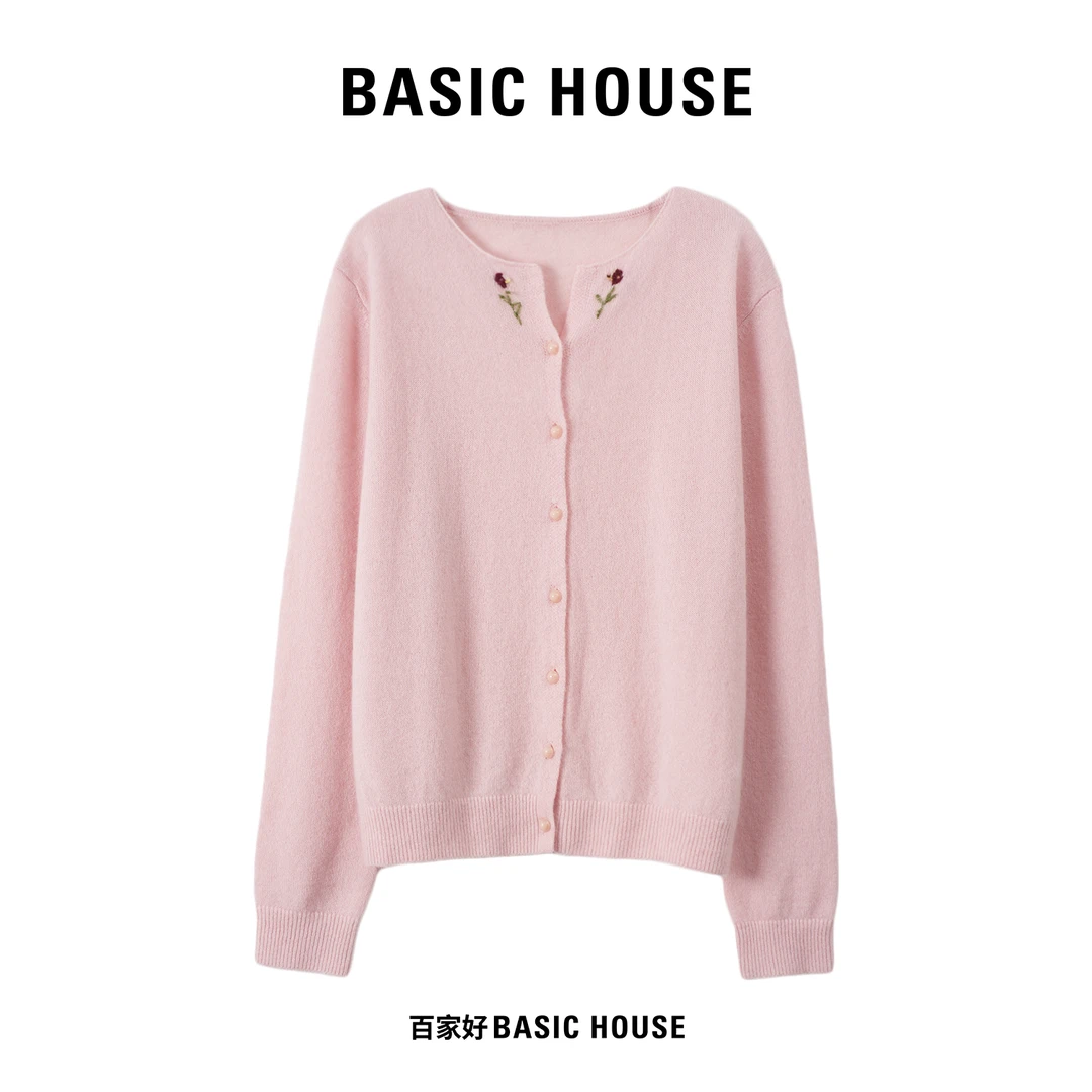Basic House/百家好2025新款小香风刺绣圆领粉色针织衫Q422 XX