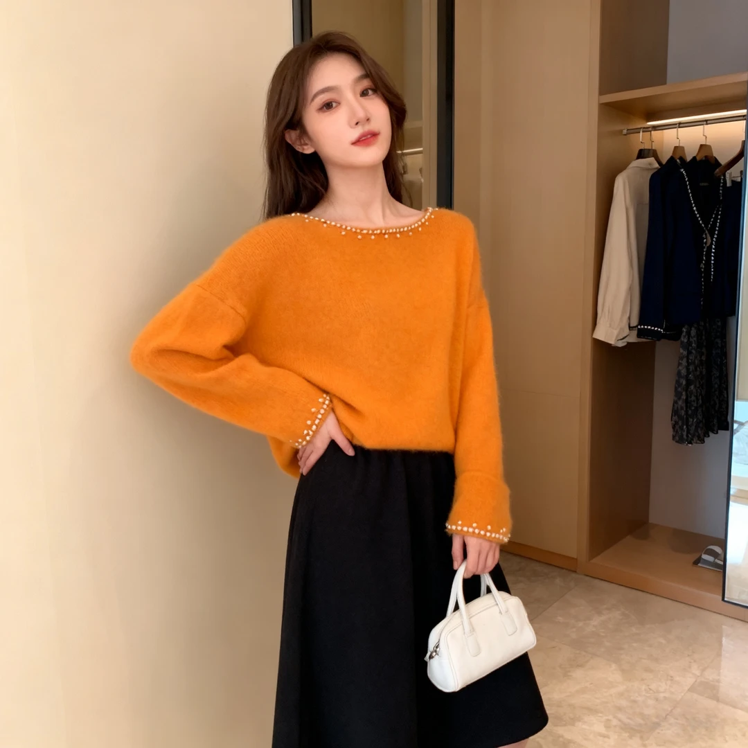 2025秋冬新款超好看钉珠圆领显瘦打底衫针织衫毛衣打底衫软糯上衣