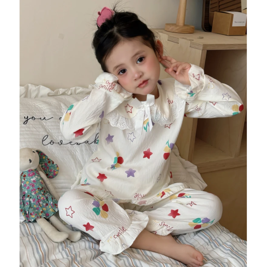 蕾丝公主领花边韩版儿童睡衣女中大小童春秋季长袖洋气家居服套装